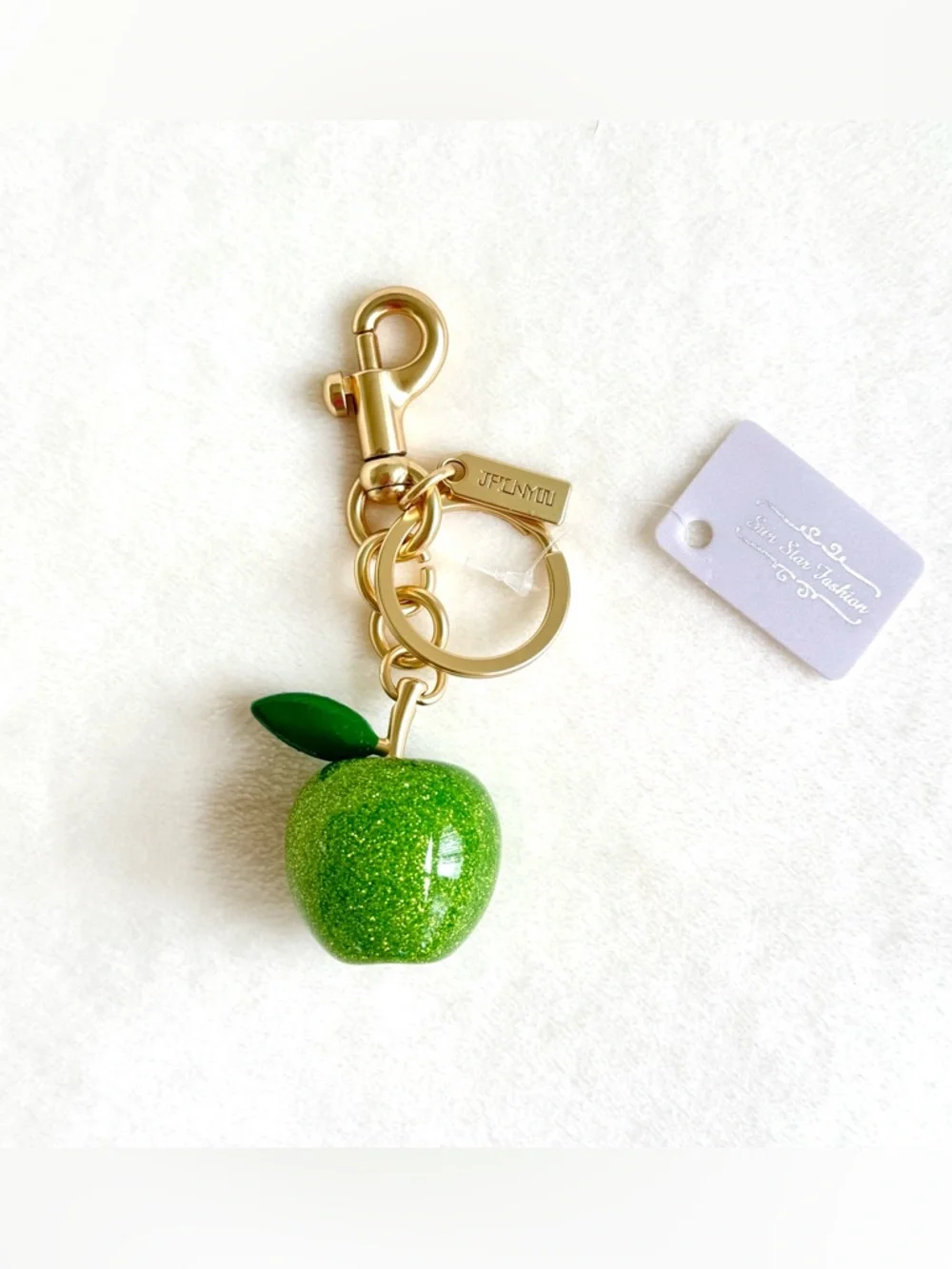 Green Glitter Apple Key Chain / Bag Charm w/ Gold Hardware